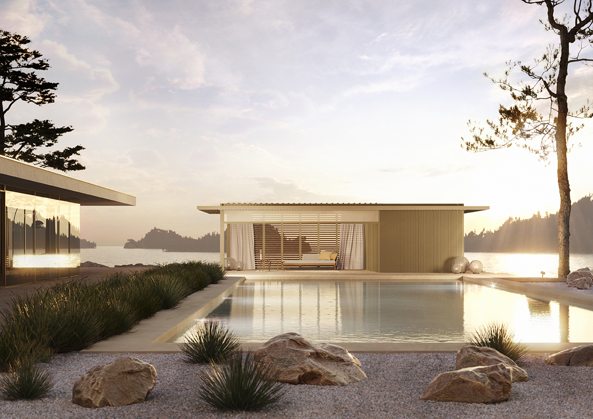 Renson Lamellendach Amani in Garten vor Pool